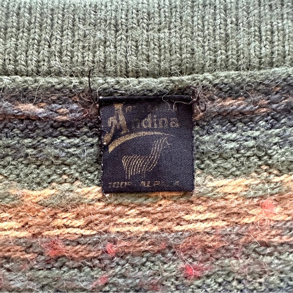 VTG ANDINA 100% ALPACA LLAMA PRINT GREEN MOCK-NECK BUTTON FRONT CARDIGAN SzM/L - Picture 10 of 13